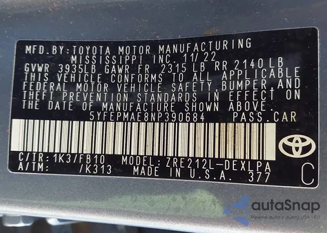 2022 Toyota Corolla Le z USA, uszkodzony, nr VIN 5YFEPMAE8NP390684